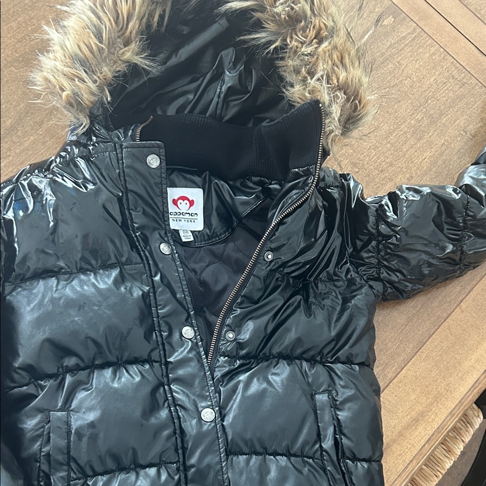 Appaman Shiny Black Puffer Jacket with Faux Fur Trim
